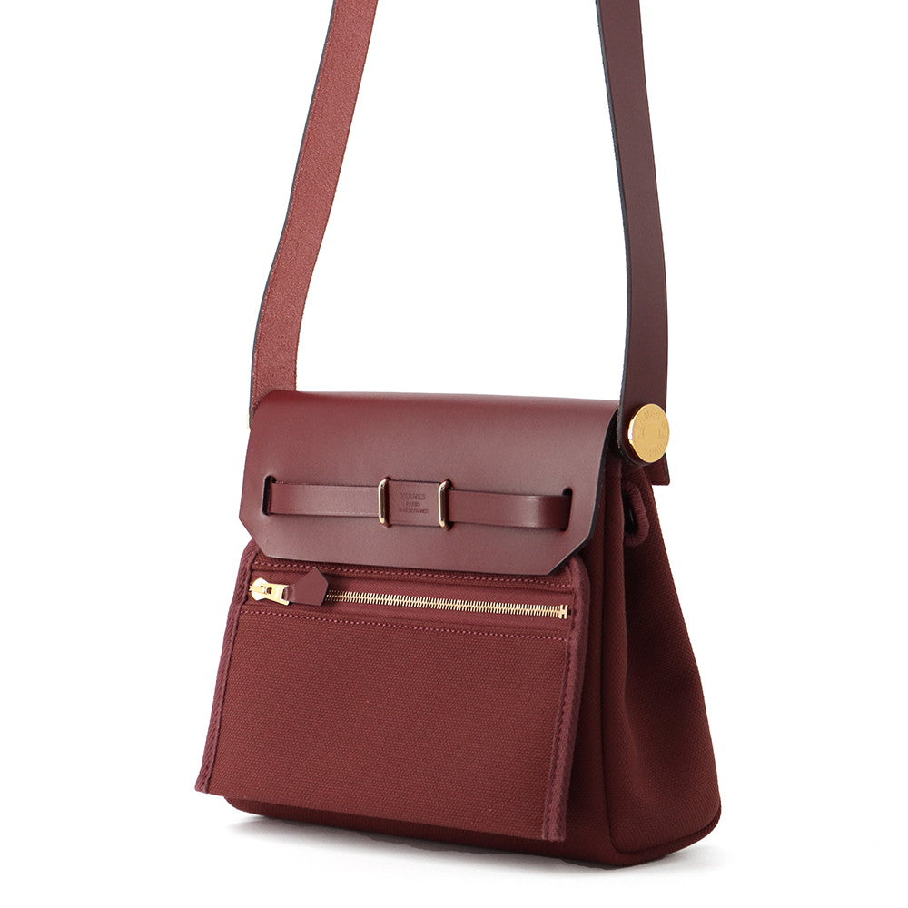 HERMES Herbag zip Rouge H Toile Military Vache Hunter Leather Size Mini