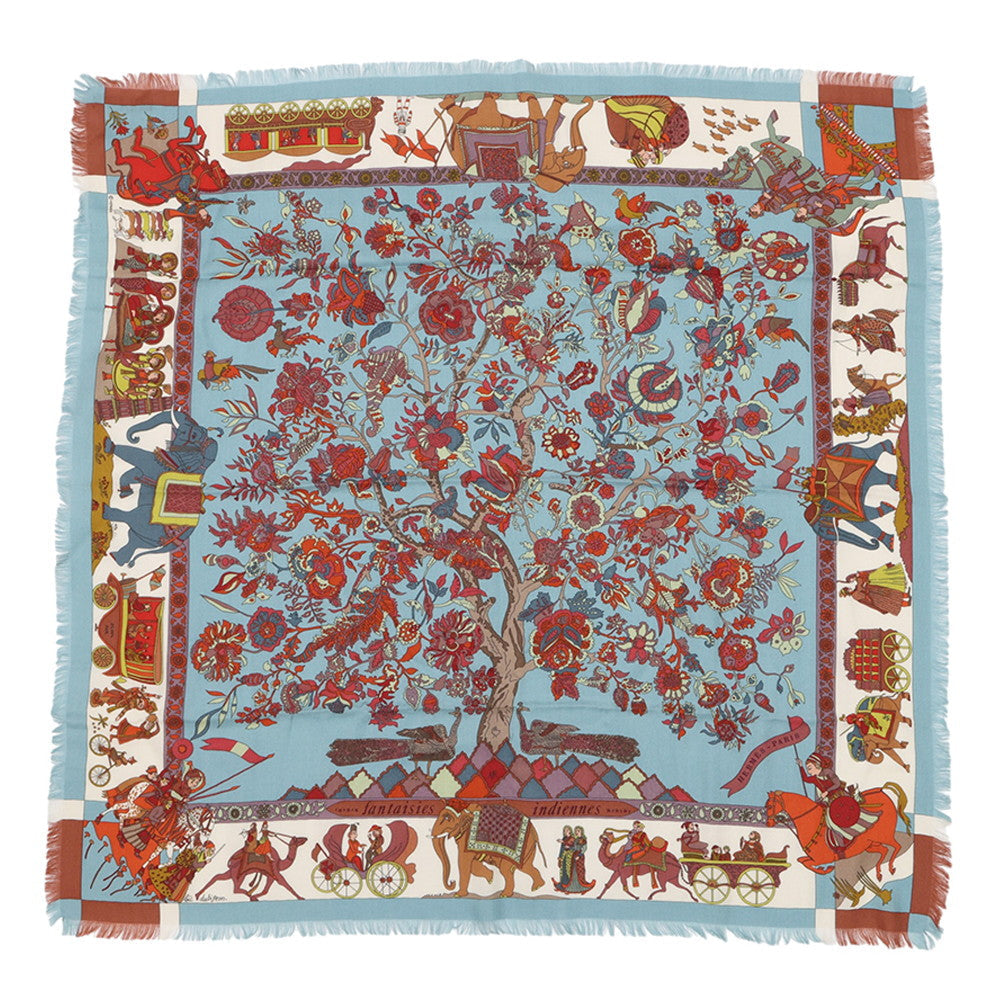 HERMES Carre Fantaisies Indiennes (Enchanting India) Size 90 Blue/Multicolor Cashmere65% Silk35%
