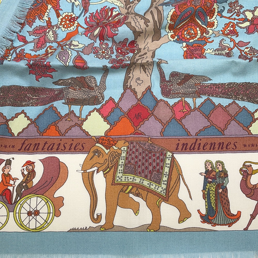HERMES Carre Fantaisies Indiennes (Enchanting India) Size 90 Blue/Multicolor Cashmere65% Silk35%