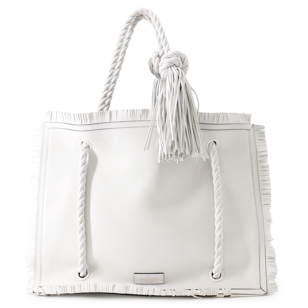 Valentino Garavani Fringe Tote Bag White Leather