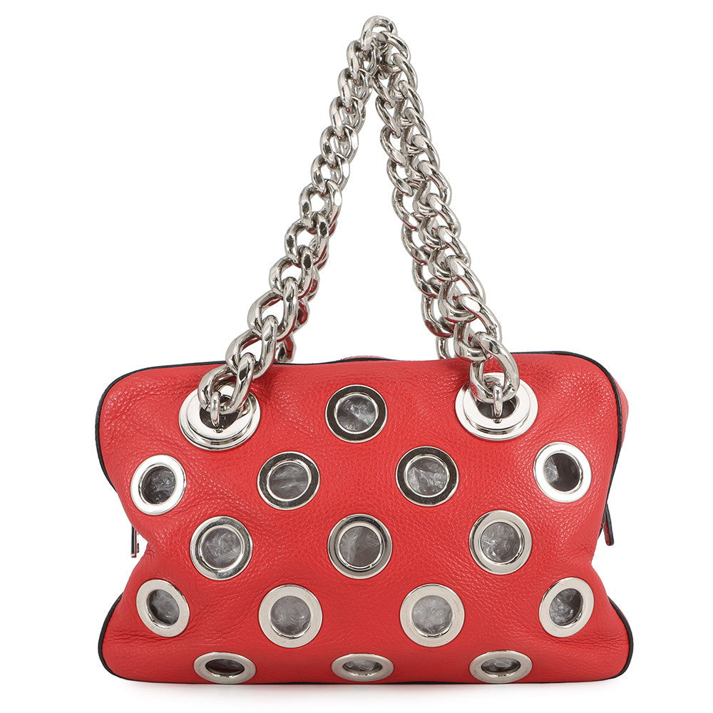 PRADA Perforated Chain Handbag Red1BB017 Leather