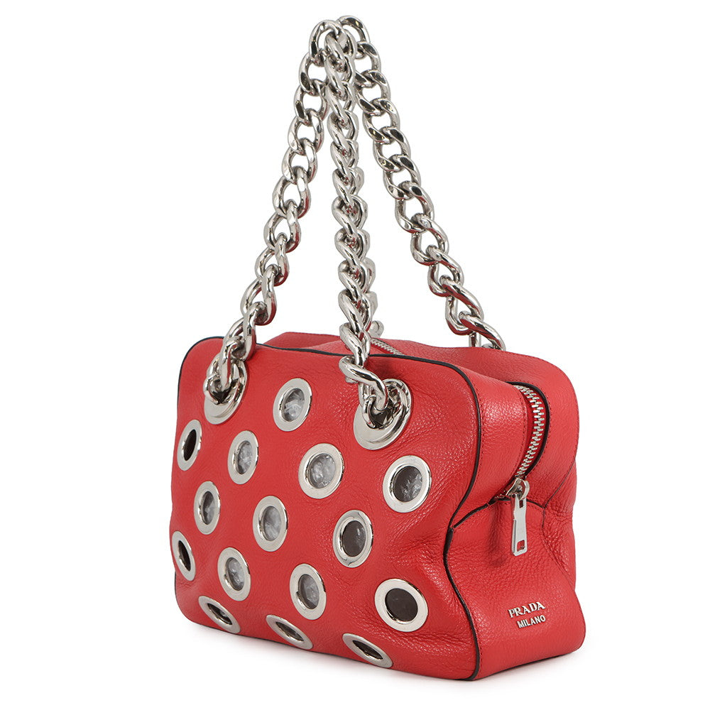 PRADA Perforated Chain Handbag Red1BB017 Leather