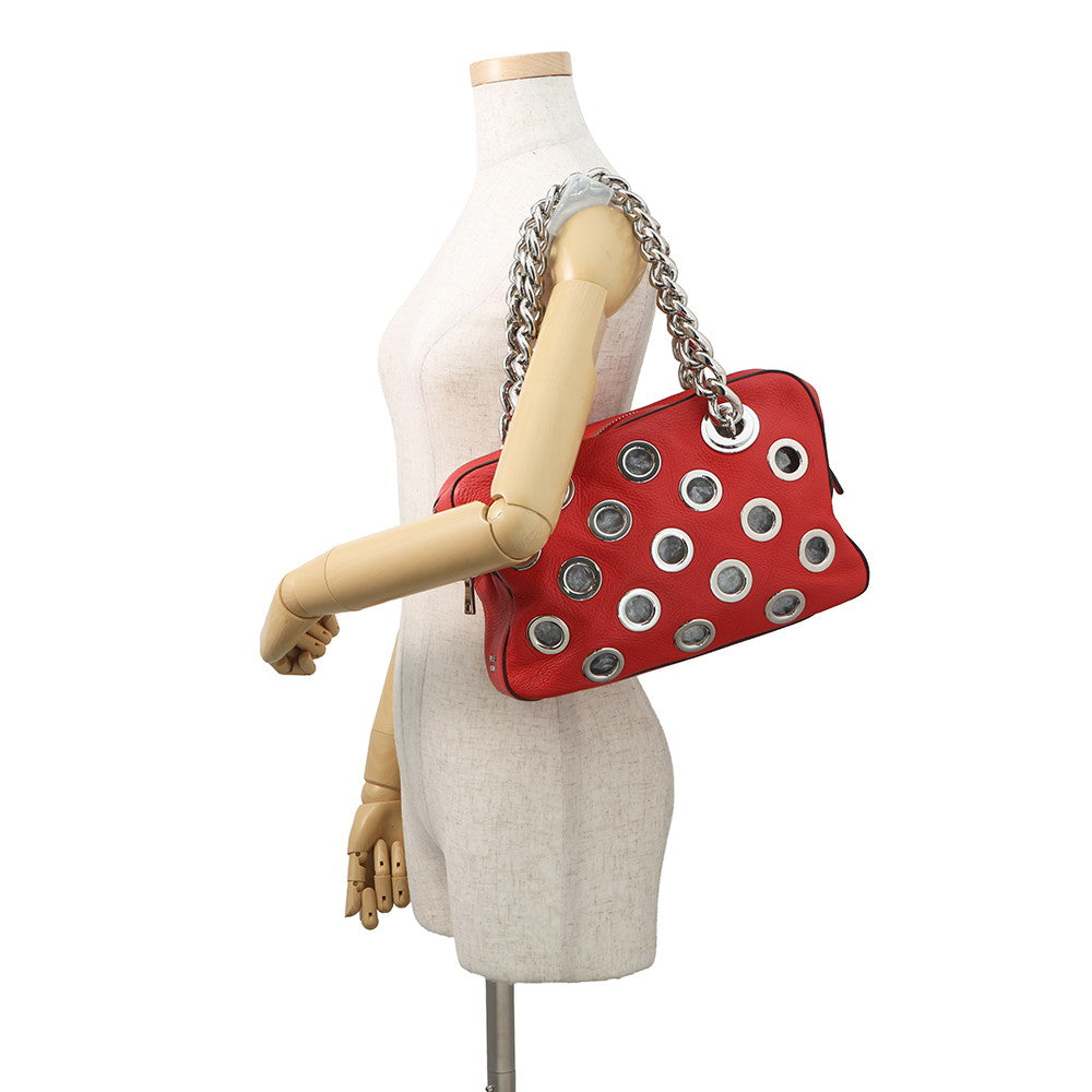PRADA Perforated Chain Handbag Red1BB017 Leather