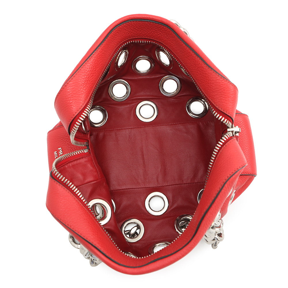 PRADA Perforated Chain Handbag Red1BB017 Leather