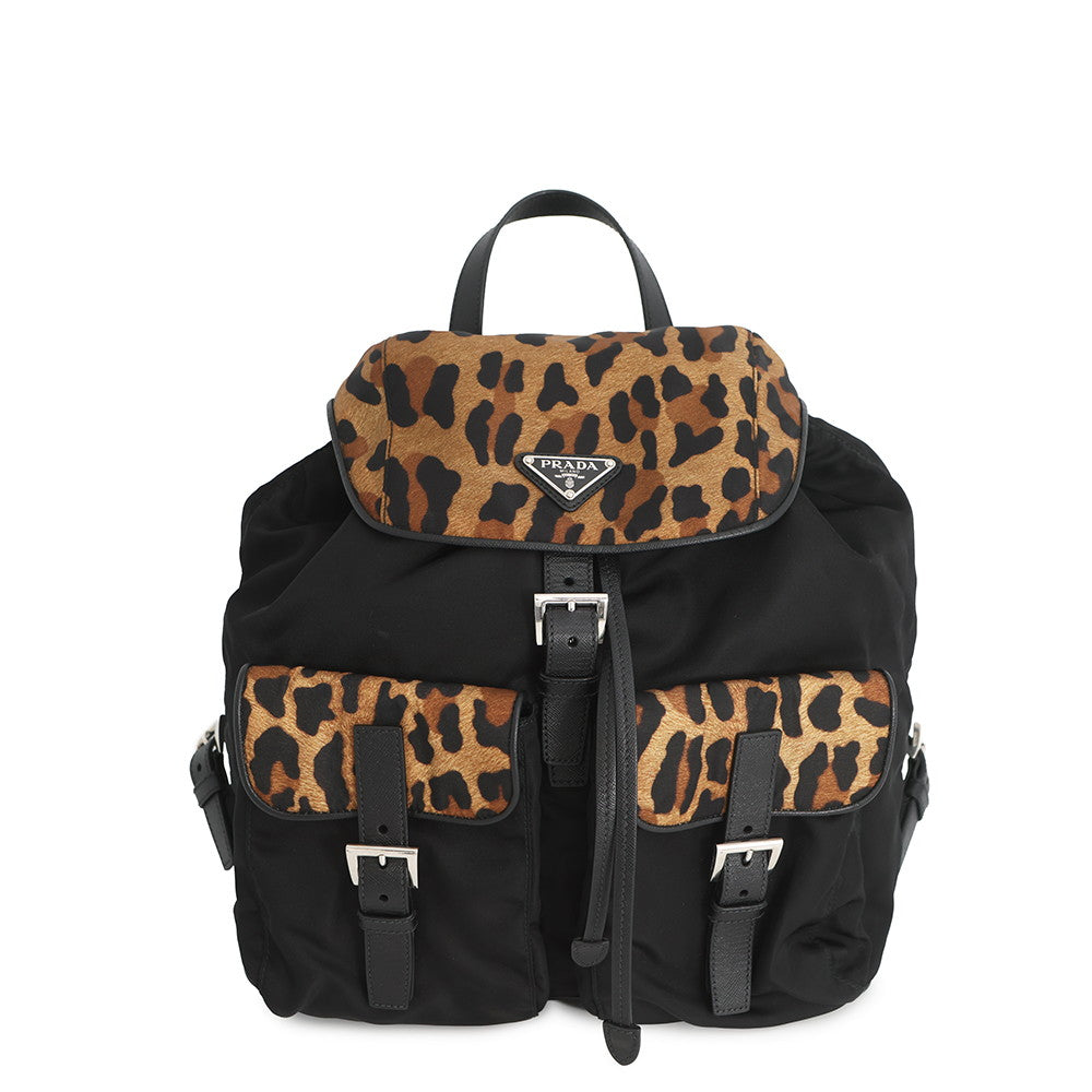 PRADA Leopard Backpack Black/Brown1BZ811 Nylon Leather