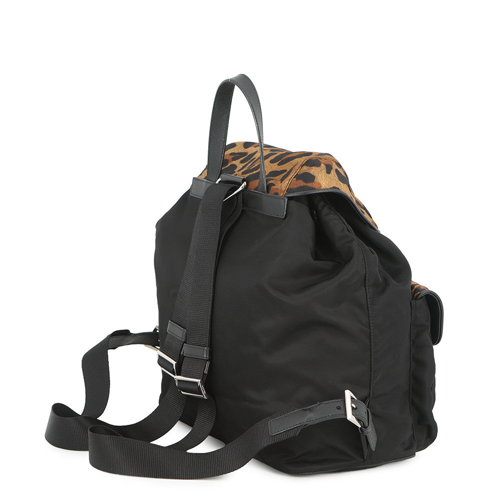 PRADA Leopard Backpack Black/Brown1BZ811 Nylon Leather