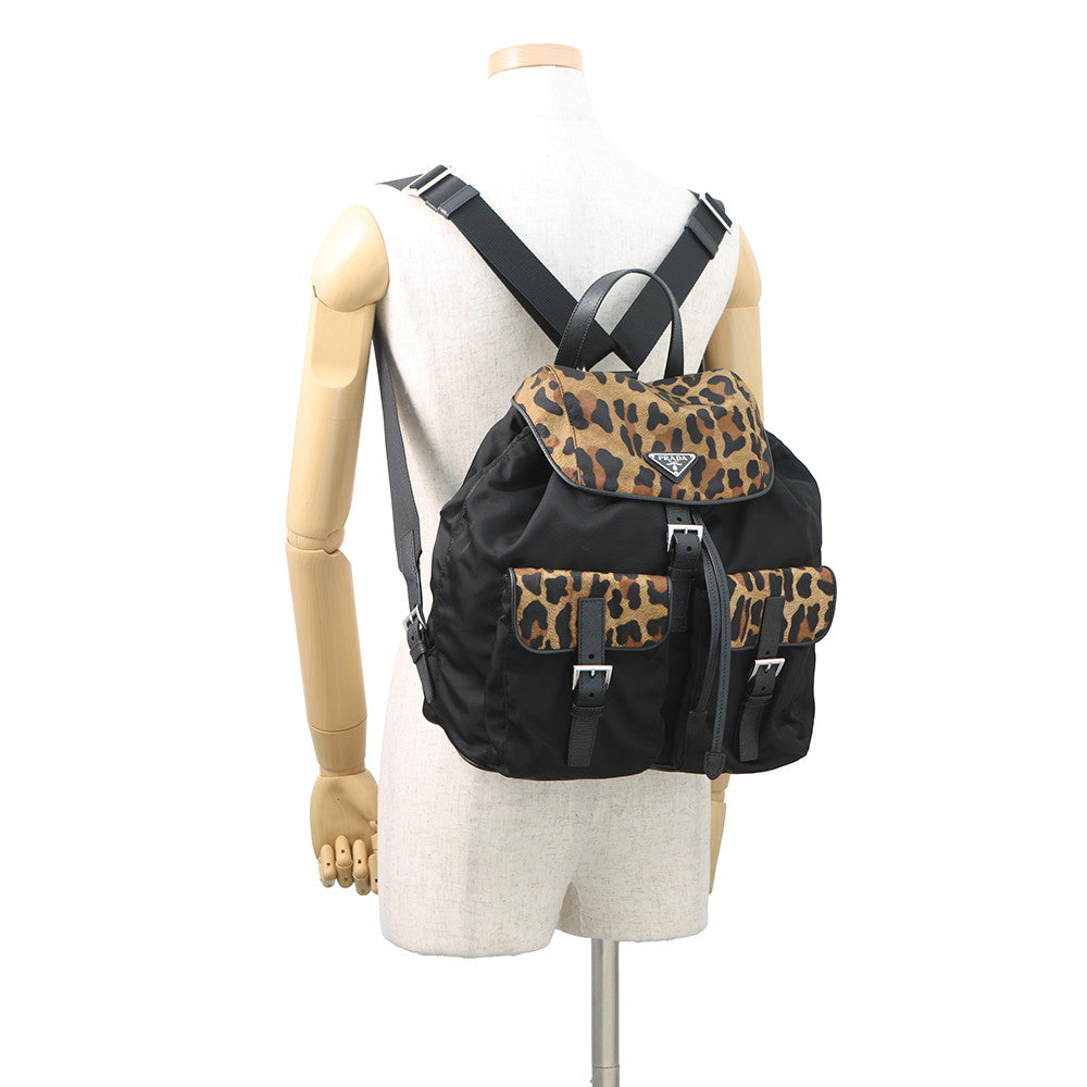 PRADA Leopard Backpack Black/Brown1BZ811 Nylon Leather