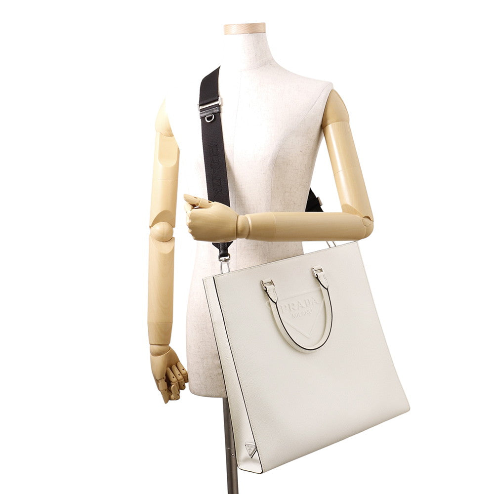 PRADA Saffiano Leather Embossed Logo 2-Way Tote Bag White2VG084 Leather