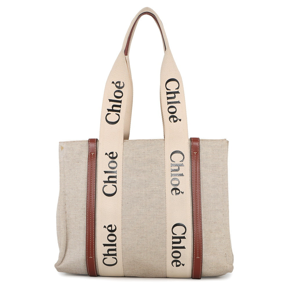 Chloe Woody Tote Bag White/BrownCHC22AS383I2690U Canvas Calf Leather