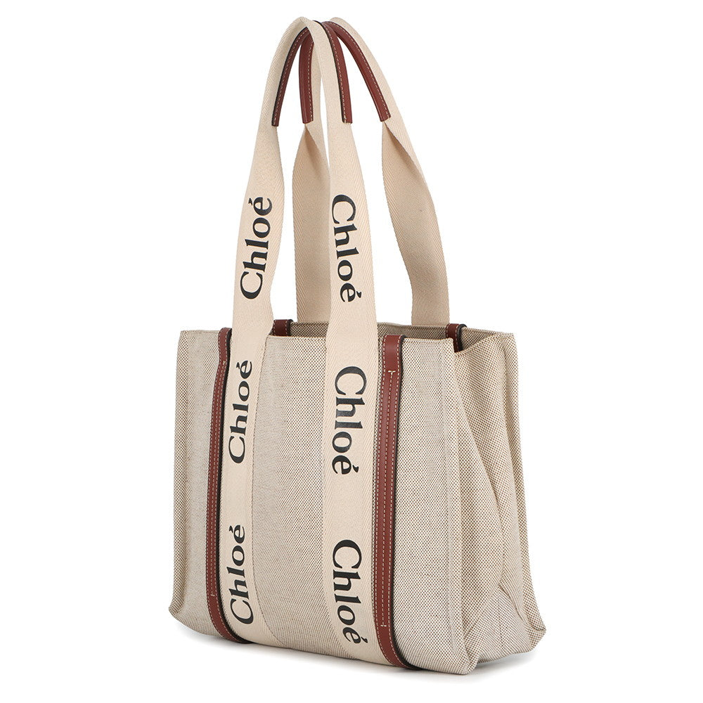 Chloe Woody Tote Bag White/BrownCHC22AS383I2690U Canvas Calf Leather