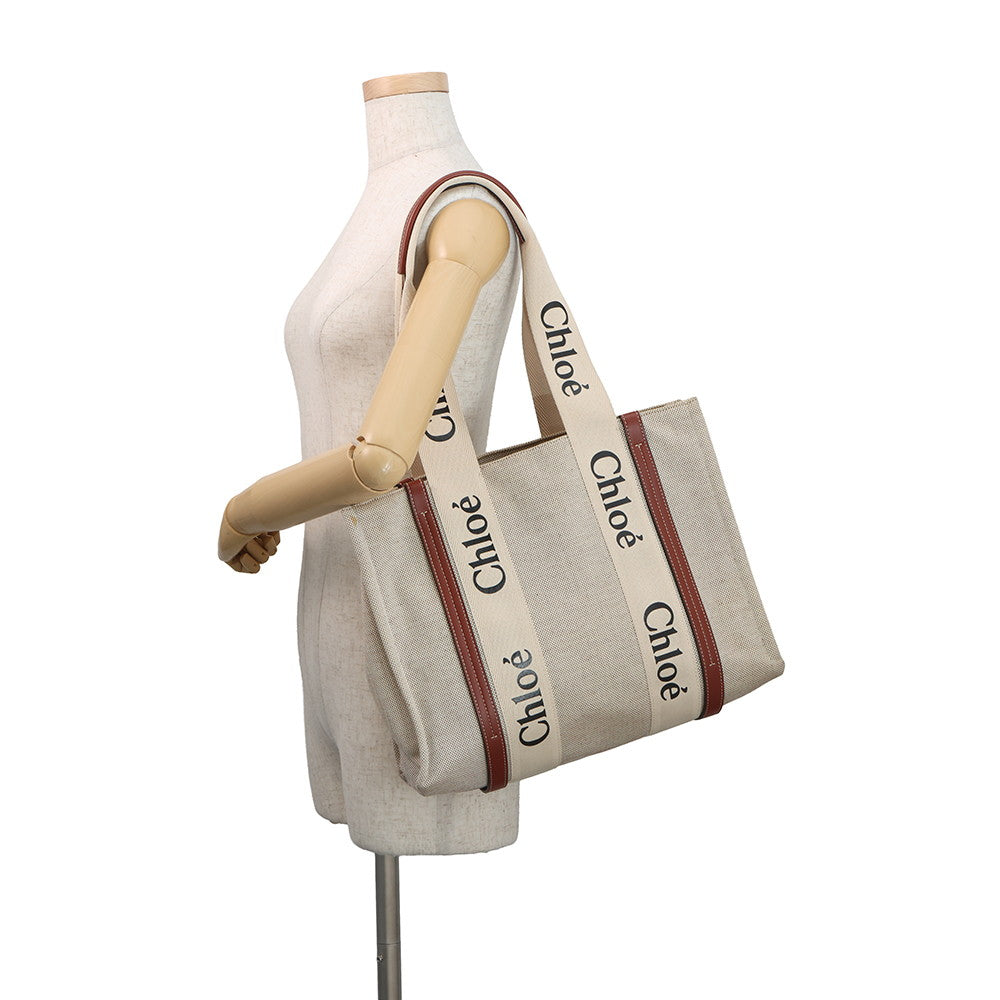 Chloe Woody Tote Bag White/BrownCHC22AS383I2690U Canvas Calf Leather