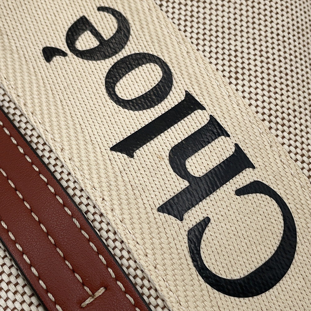 Chloe Woody Tote Bag White/BrownCHC22AS383I2690U Canvas Calf Leather