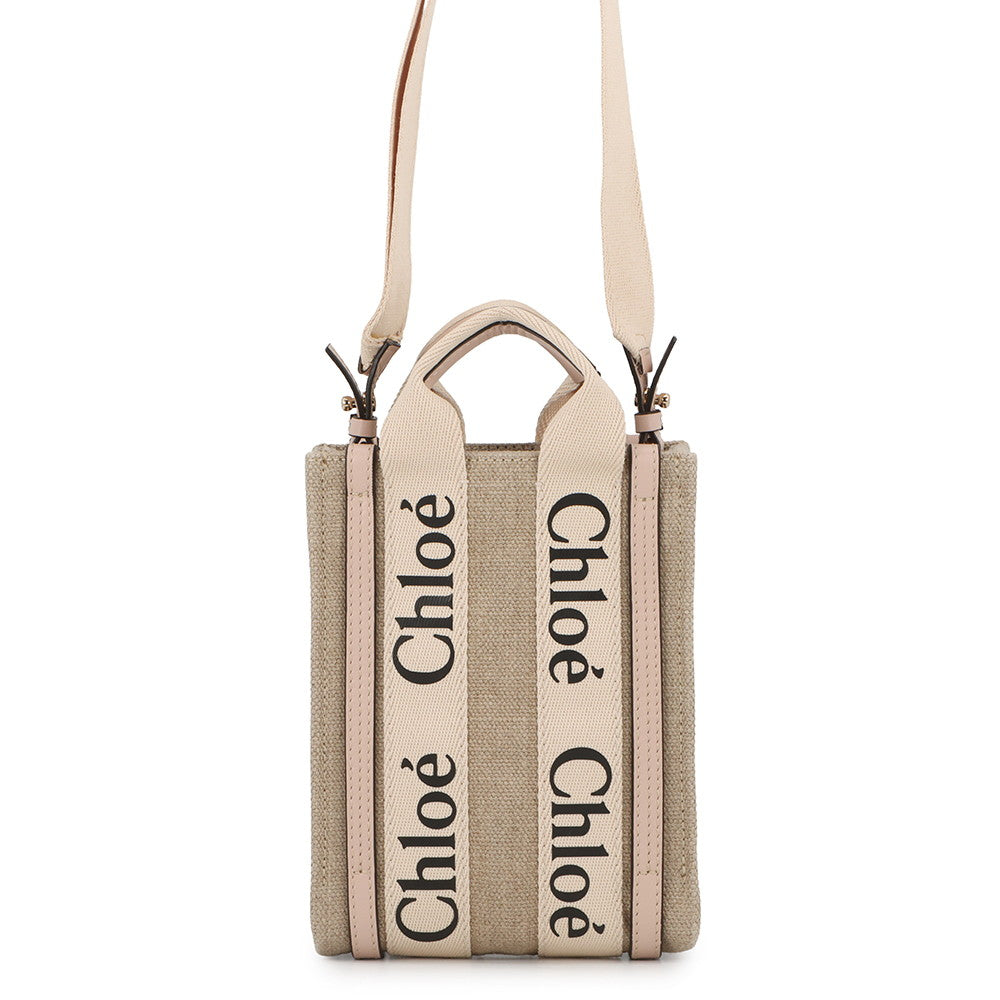 Chloe Woody North South Tote 2WAY Handbag Beige/CementPinkCHC24AP243I266J5 Canvas Calf Leather Size Mini