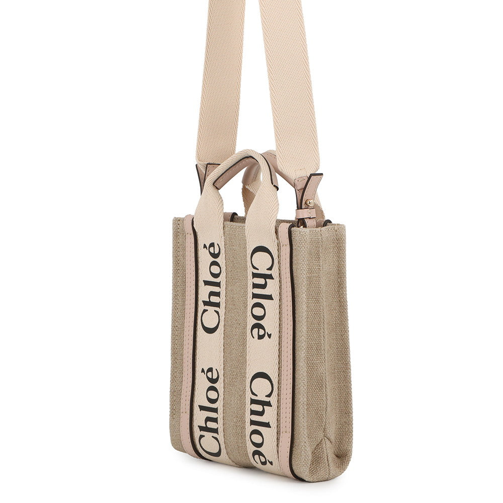Chloe Woody North South Tote 2WAY Handbag Beige/CementPinkCHC24AP243I266J5 Canvas Calf Leather Size Mini