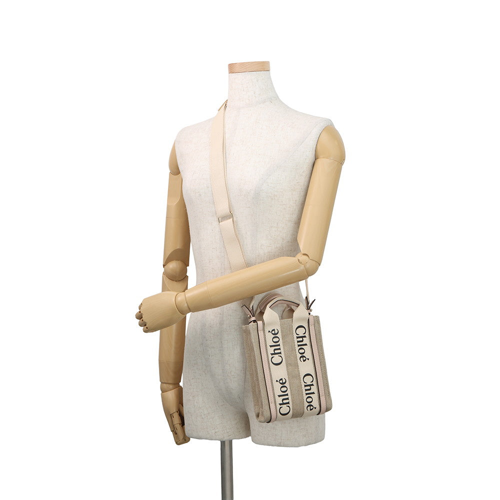 Chloe Woody North South Tote 2WAY Handbag Beige/CementPinkCHC24AP243I266J5 Canvas Calf Leather Size Mini