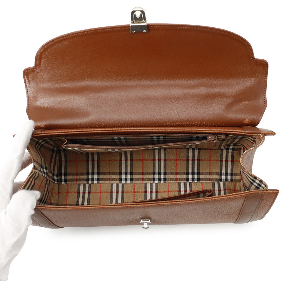 BURBERRY Shadow Horse Nova Check Handbag Brown Leather