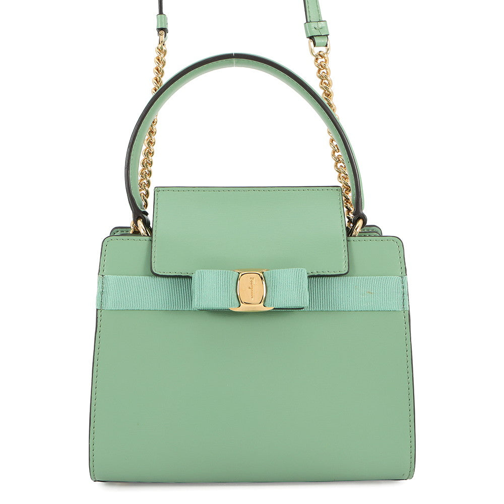Ferragamo Vala ribbon 2wayChainShoulder Bag Light Green21I282 Leather