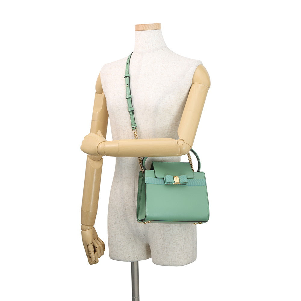 Ferragamo Vala ribbon 2wayChainShoulder Bag Light Green21I282 Leather