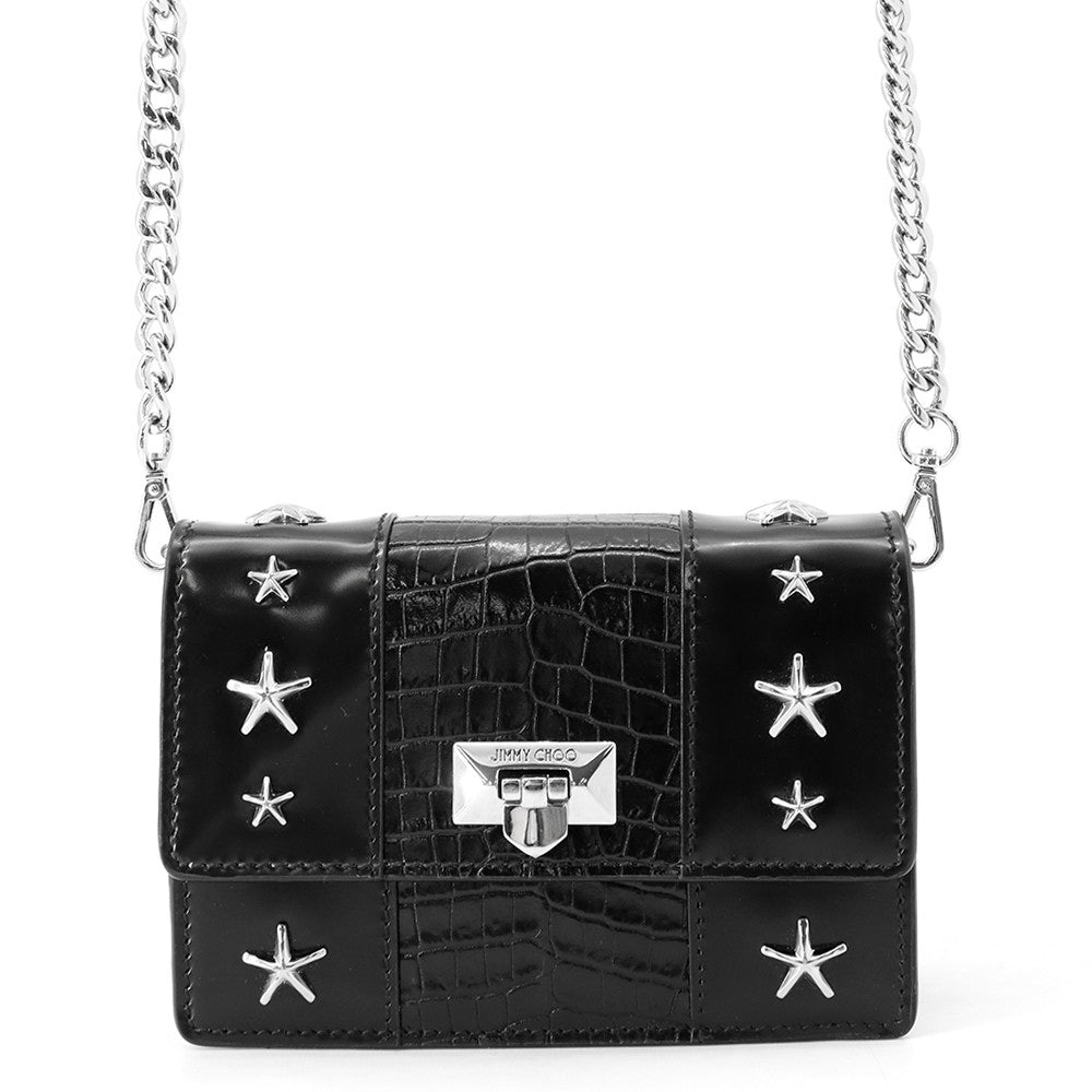 JIMMY CHOO Pyxis Chain Shoulder Bag Black Crocodile Embossed Leather Size Mini