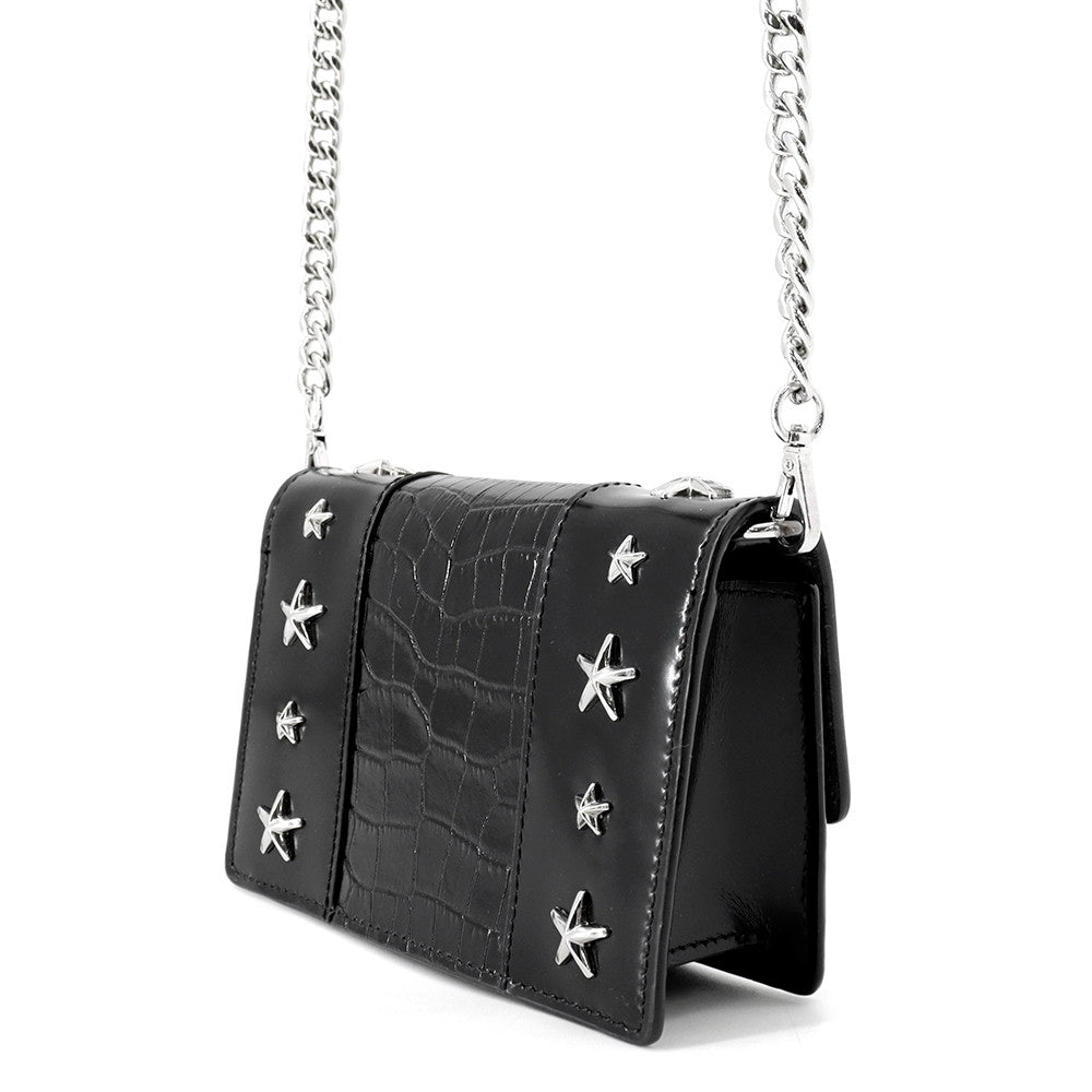 JIMMY CHOO Pyxis Chain Shoulder Bag Black Crocodile Embossed Leather Size Mini