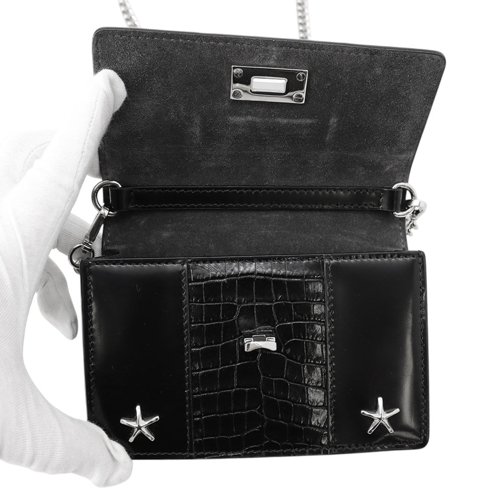 JIMMY CHOO Pyxis Chain Shoulder Bag Black Crocodile Embossed Leather Size Mini