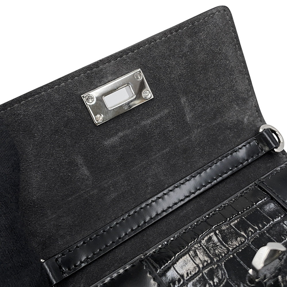 JIMMY CHOO Pyxis Chain Shoulder Bag Black Crocodile Embossed Leather Size Mini