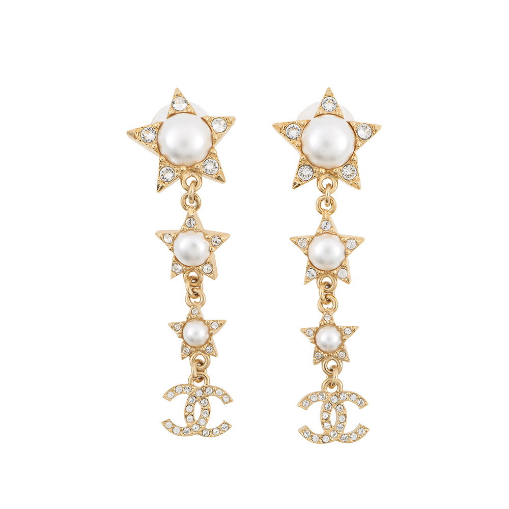 CHANEL Star motif long earrings Gold Gold Plated Faux Pearl Rhinestone