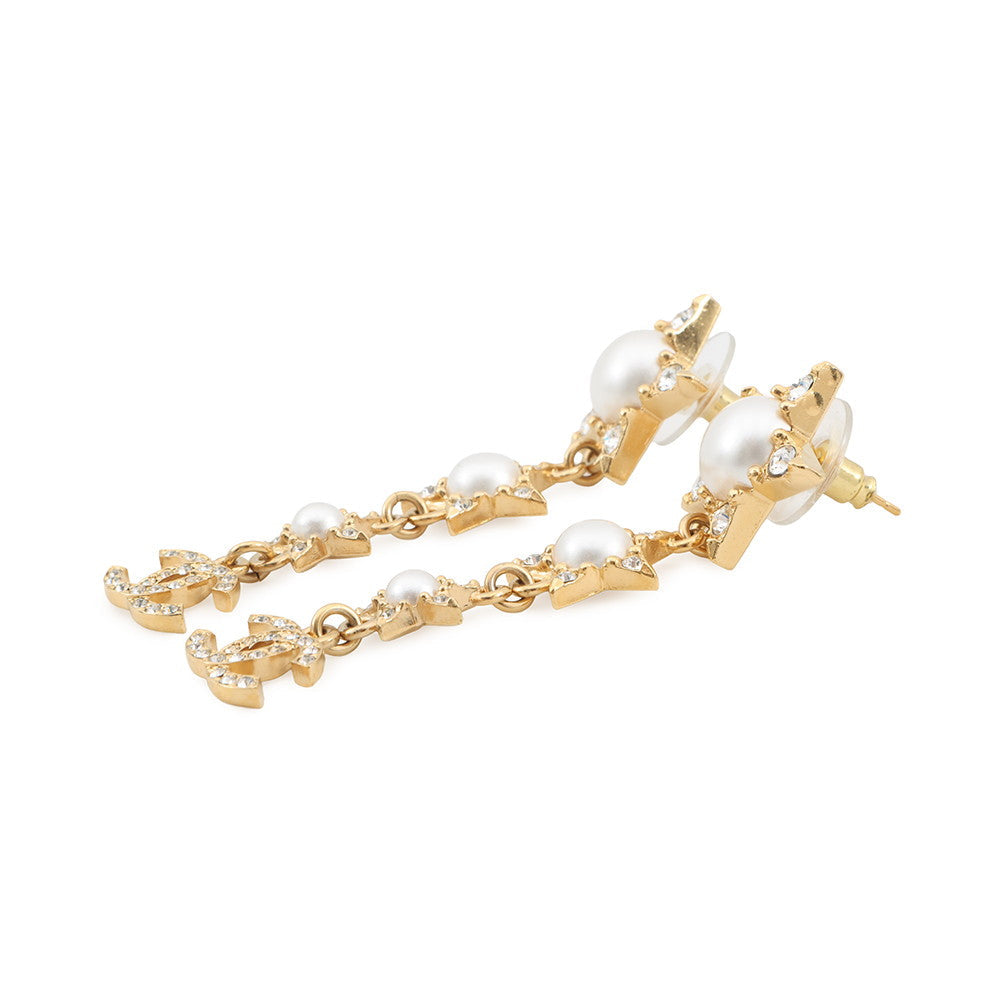 CHANEL Star motif long earrings Gold Gold Plated Faux Pearl Rhinestone