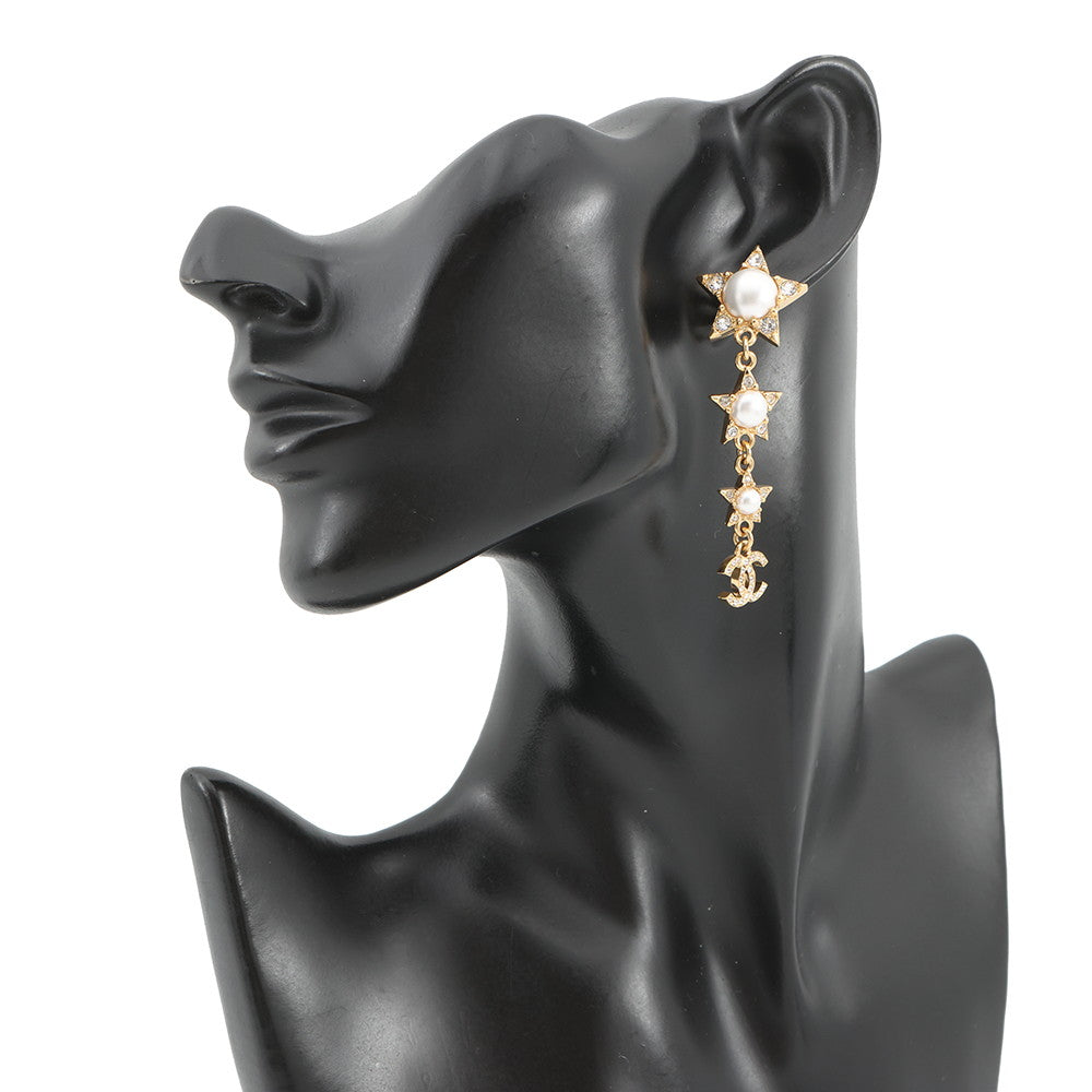 CHANEL Star motif long earrings Gold Gold Plated Faux Pearl Rhinestone