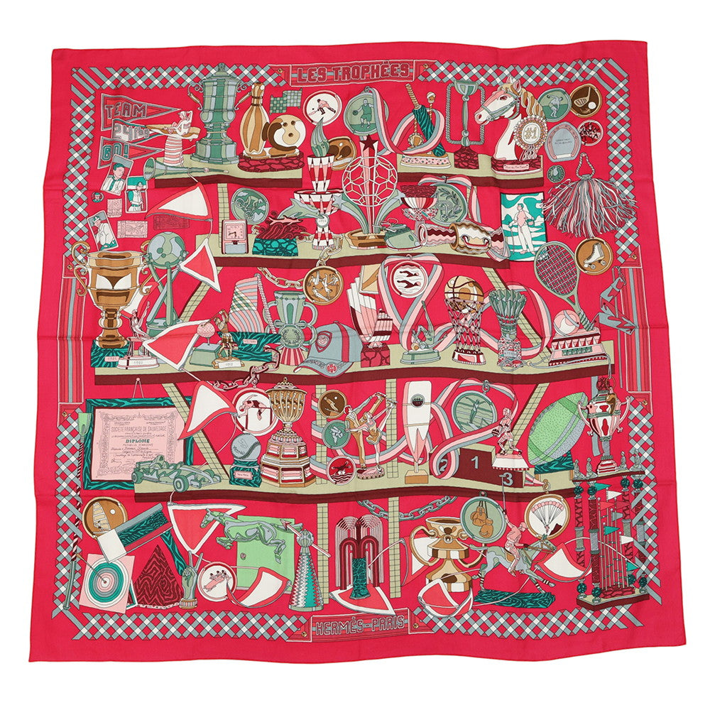 HERMES Giant Square LES TROPHEES Size 140 Red/Multicolor Cashmere Silk