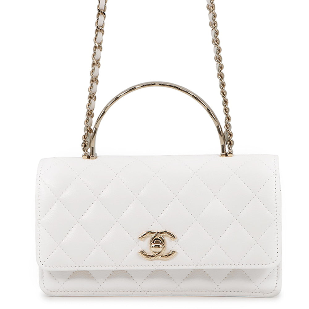 CHANEL Matelasse Top Handle Chain Wallet White Caviar Leather