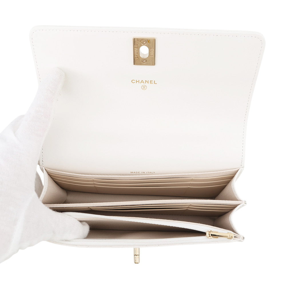 CHANEL Matelasse Top Handle Chain Wallet White Caviar Leather
