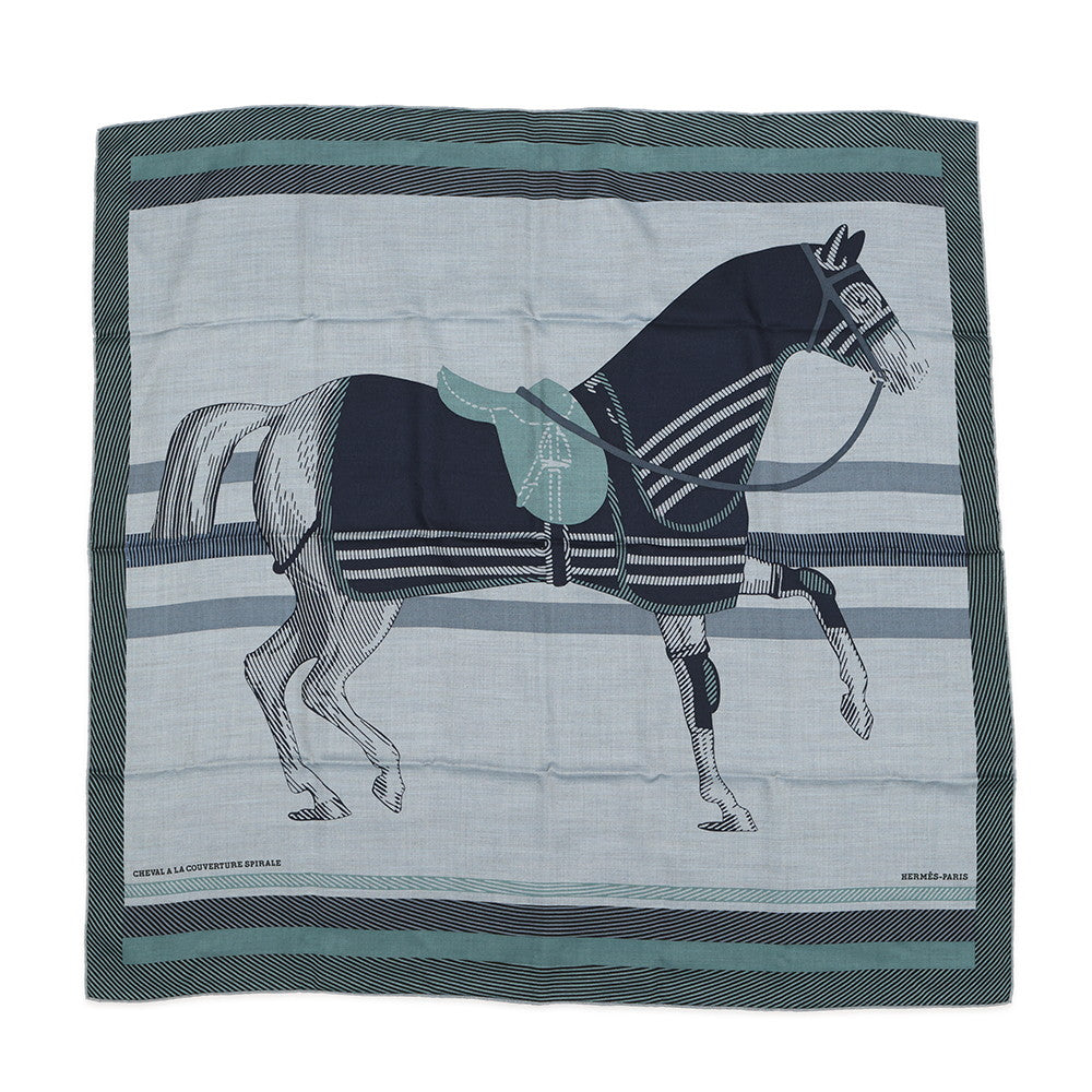 HERMES Carre H Cheval a la Couverture Horse Blanket Spiral Size 100 Ciel / Blue Marine / CeladonH104277T Cashmere70% Silk30%