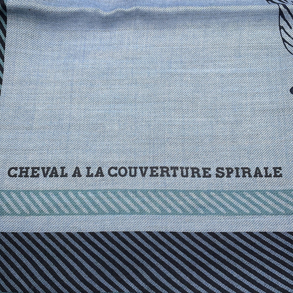 HERMES Carre H Cheval a la Couverture Horse Blanket Spiral Size 100 Ciel / Blue Marine / CeladonH104277T Cashmere70% Silk30%