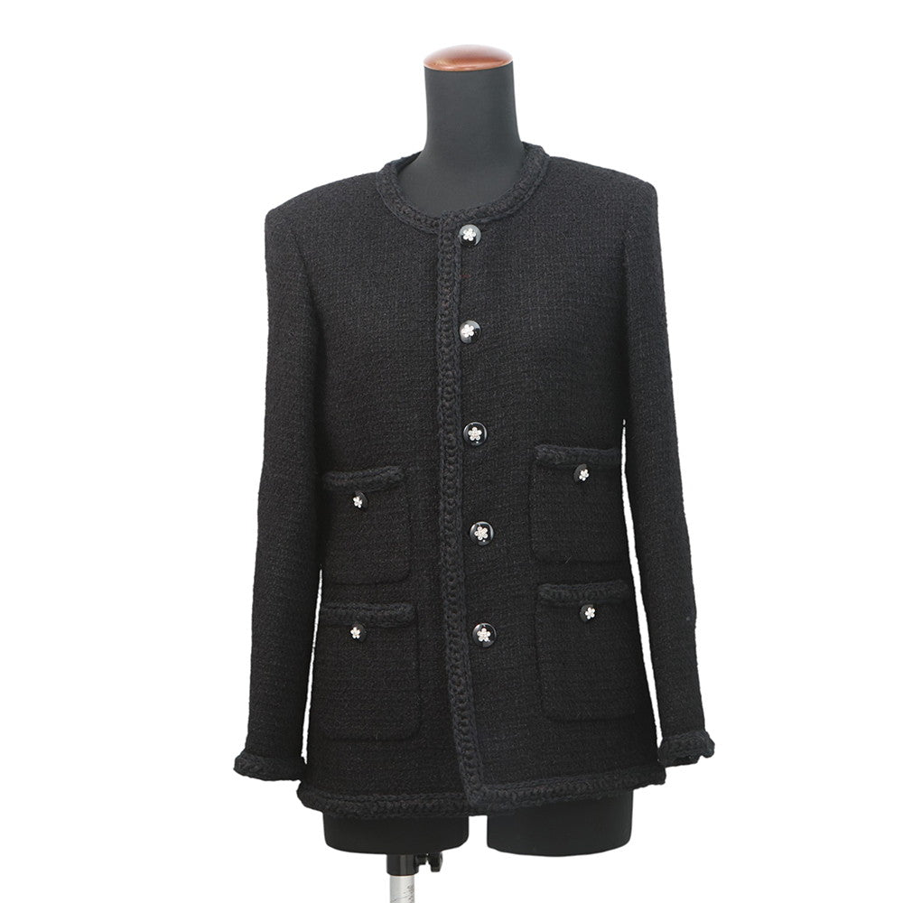 CHANEL CamelliaButton Collarless Jacket Size 34 BlackP75863 Tweed