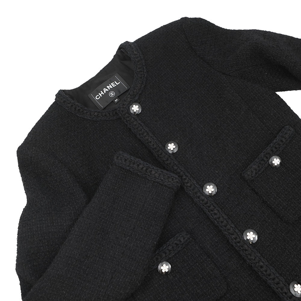 CHANEL CamelliaButton Collarless Jacket Size 34 BlackP75863 Tweed