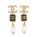 CHANEL CC Logo Swing Earrings Black Gold Plated Rhinestone Faux Pearl