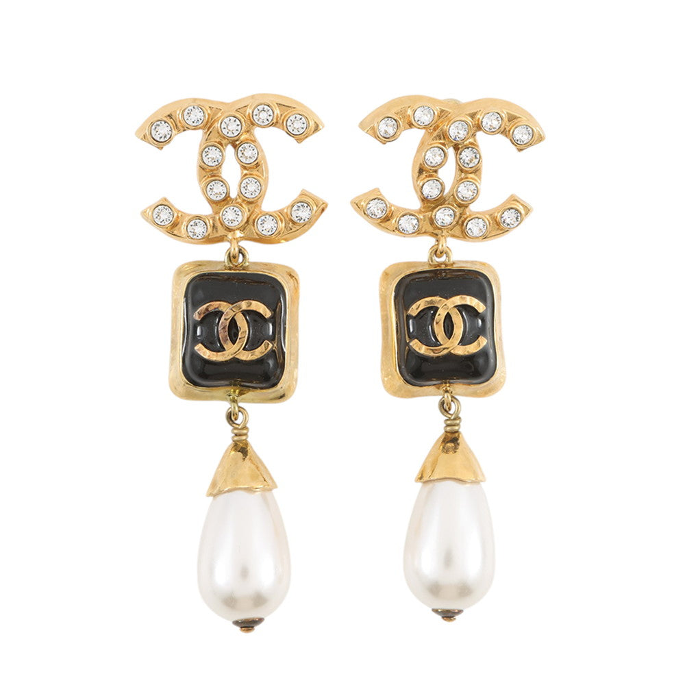 CHANEL CC Logo Swing Earrings Black Gold Plated Rhinestone Faux Pearl