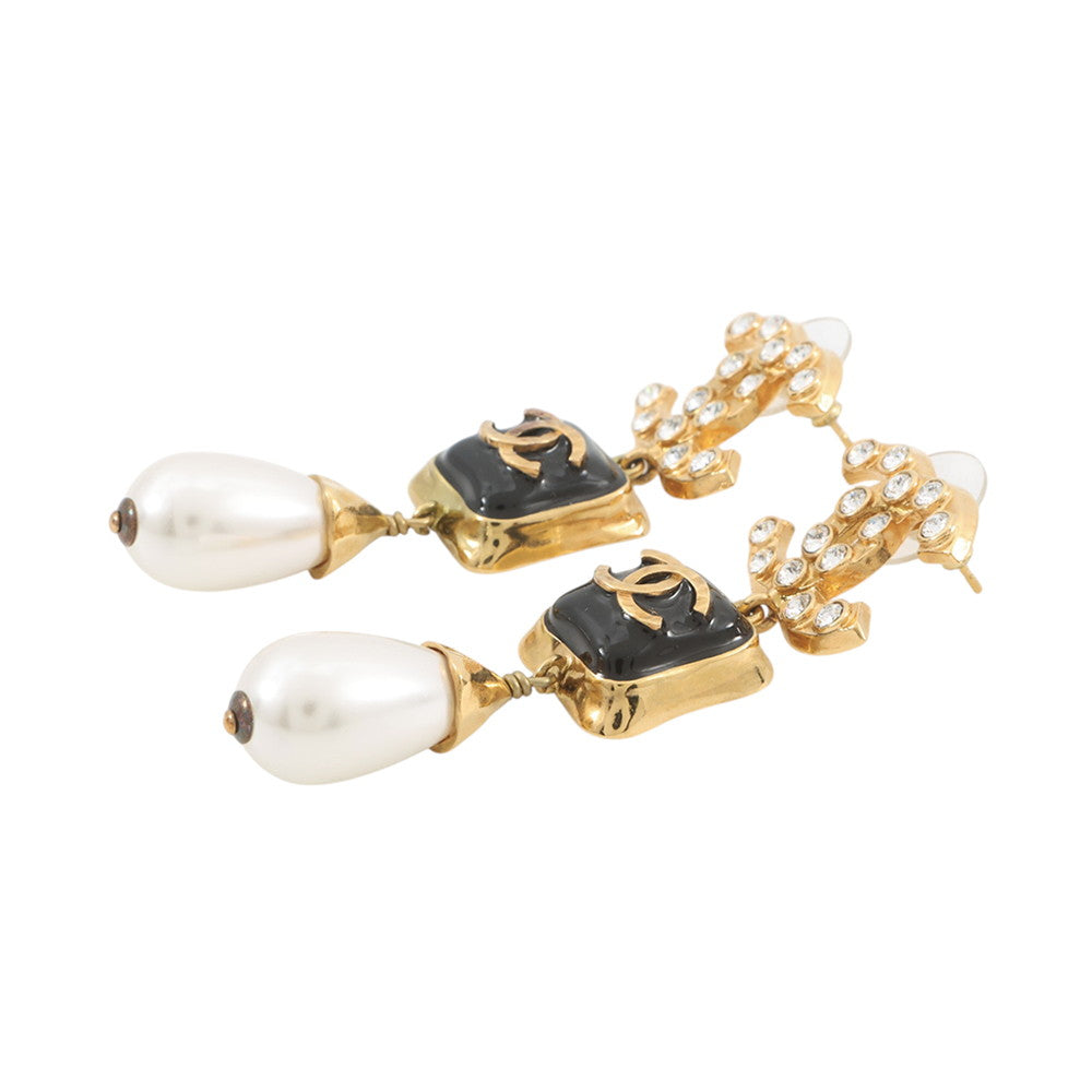 CHANEL CC Logo Swing Earrings Black Gold Plated Rhinestone Faux Pearl