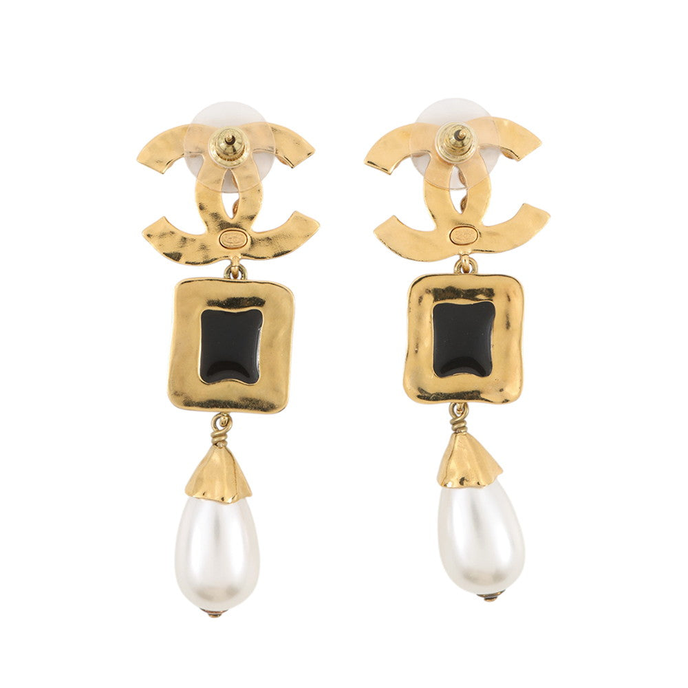 CHANEL CC Logo Swing Earrings Black Gold Plated Rhinestone Faux Pearl