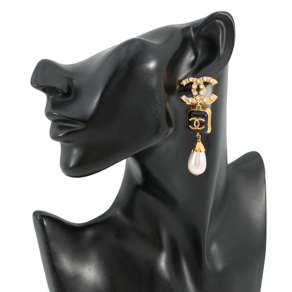 CHANEL CC Logo Swing Earrings Black Gold Plated Rhinestone Faux Pearl