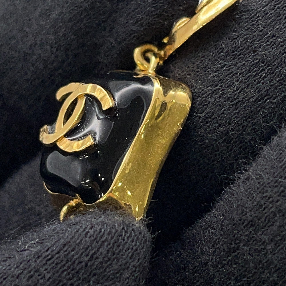 CHANEL CC Logo Swing Earrings Black Gold Plated Rhinestone Faux Pearl