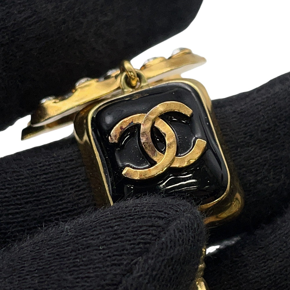 CHANEL CC Logo Swing Earrings Black Gold Plated Rhinestone Faux Pearl