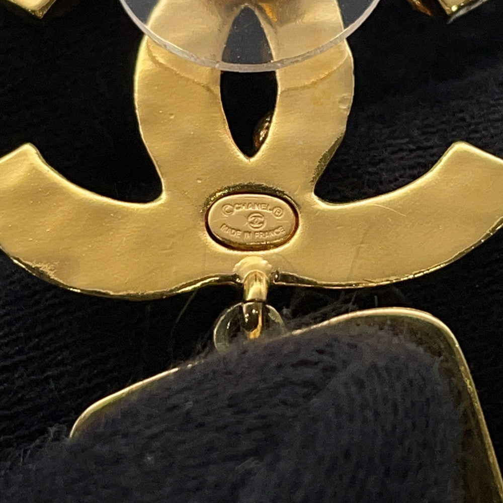 CHANEL CC Logo Swing Earrings Black Gold Plated Rhinestone Faux Pearl