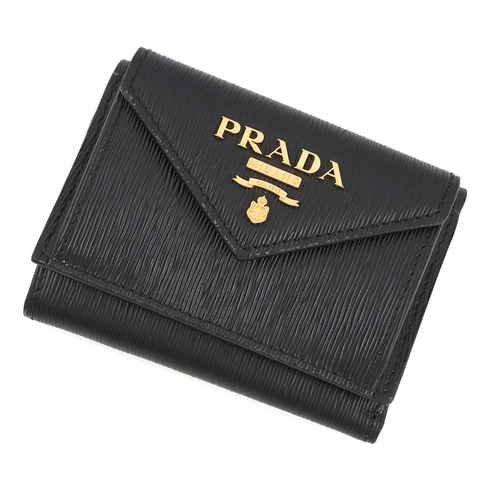 PRADA Vitello Move Tri-fold Compact Wallet Black1MH021 Leather