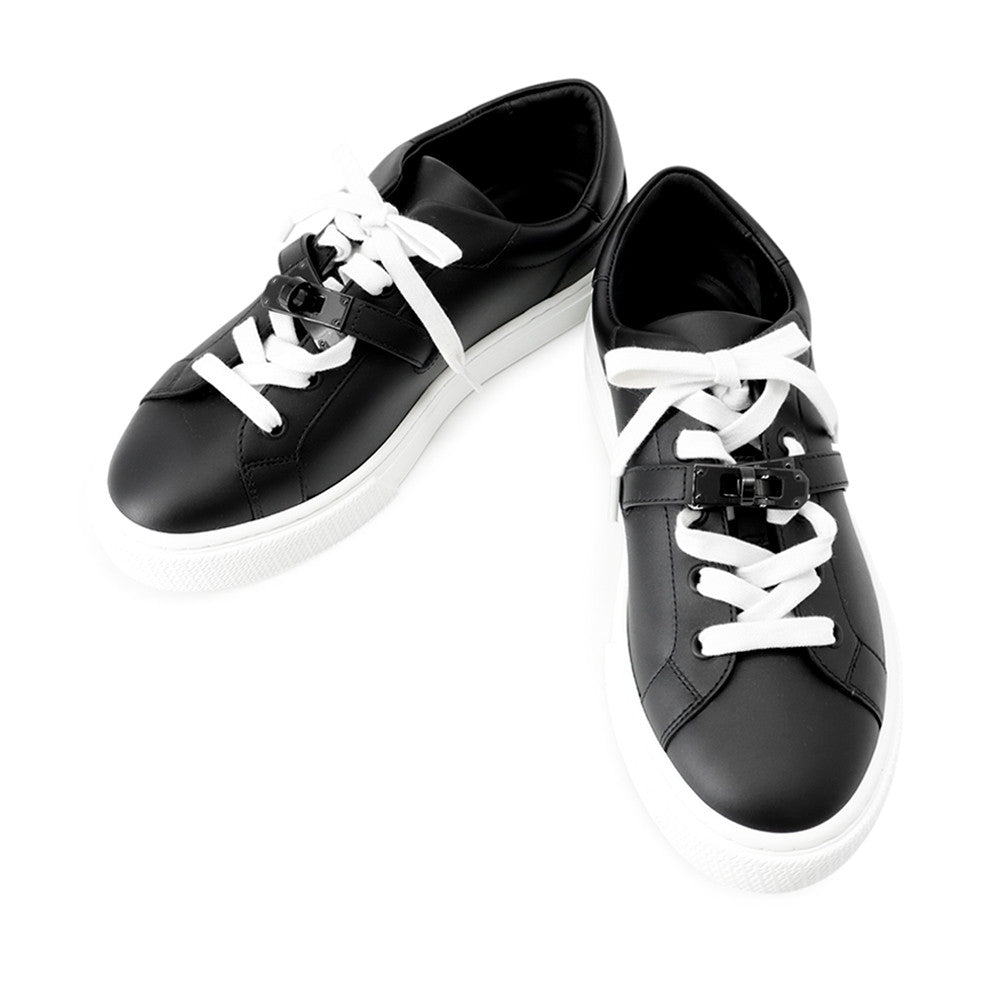 HERMES Day Kelly Buckle Sneakers Black Leather Size 37.5