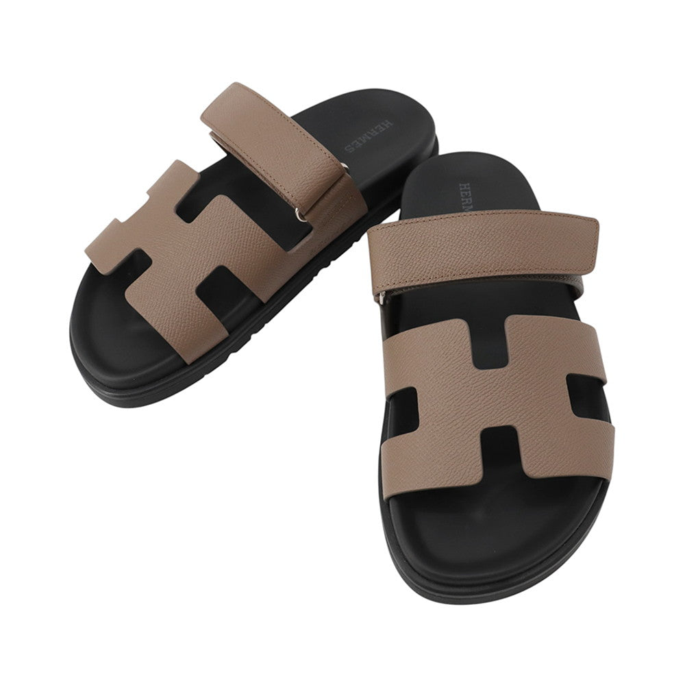 HERMES Shipley Sandals Etoupe/Black Epsom Rubber Size 37