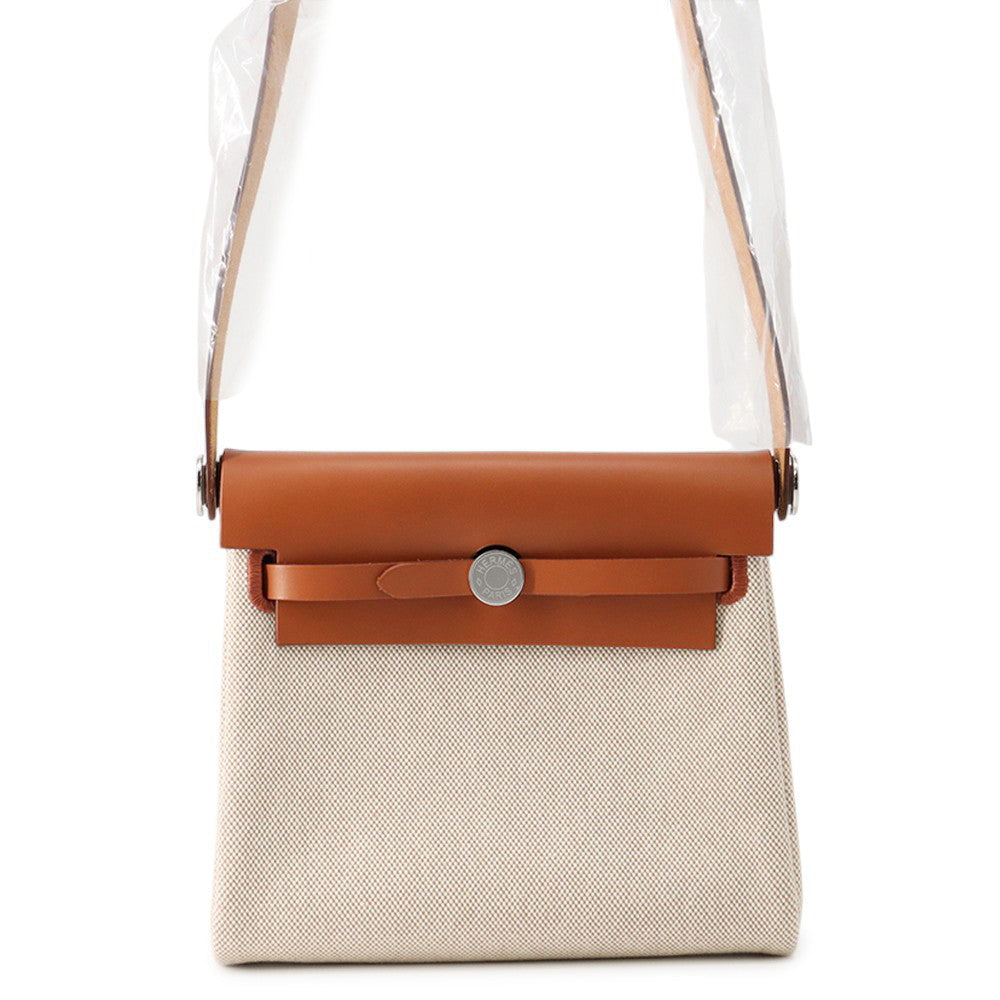 HERMES Herbag zip Ecru/Fauve Toile H Vache Hunter Leather Size Mini