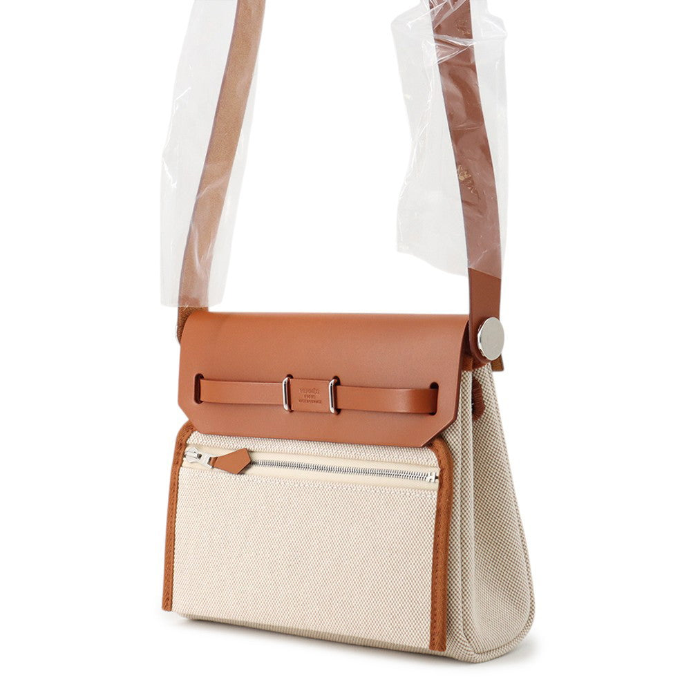 HERMES Herbag zip Ecru/Fauve Toile H Vache Hunter Leather Size Mini