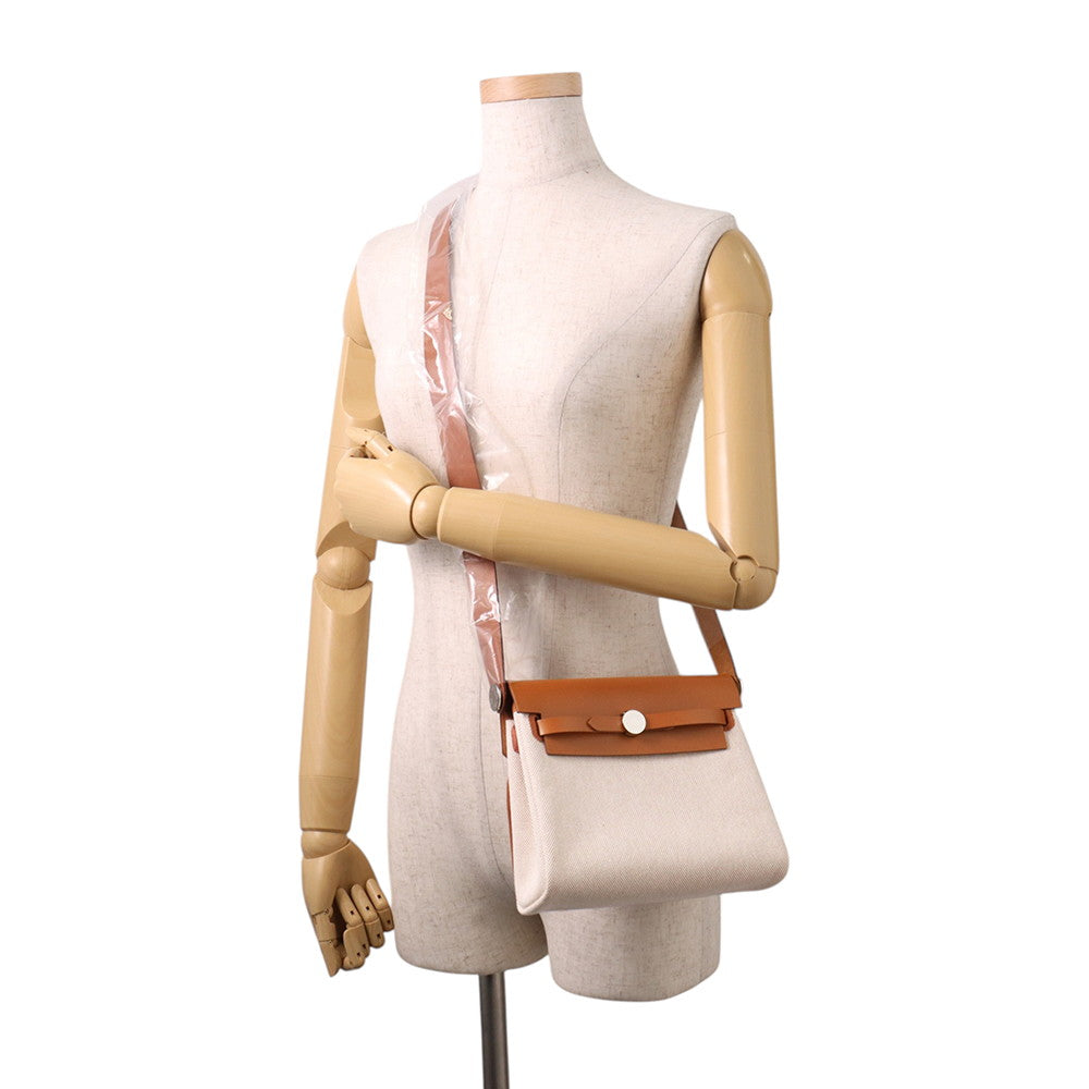 HERMES Herbag zip Ecru/Fauve Toile H Vache Hunter Leather Size Mini